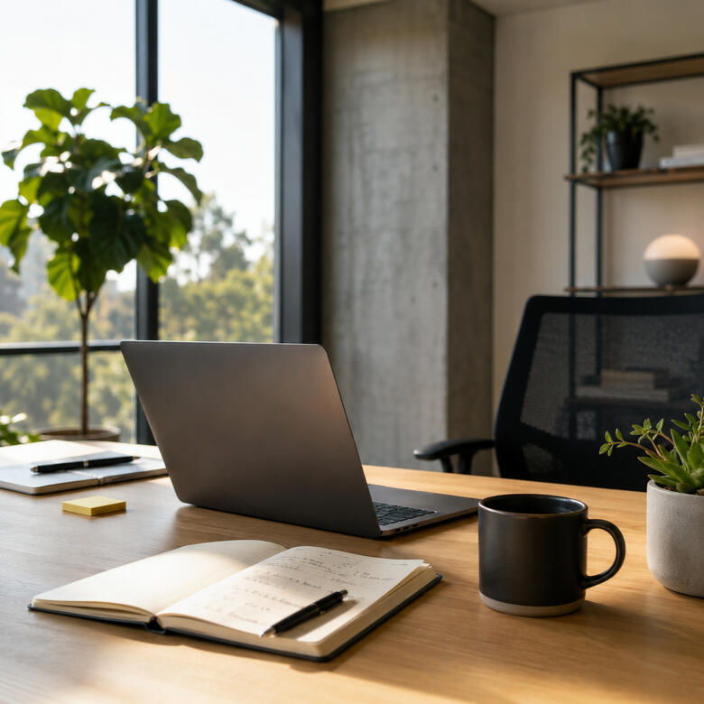 Founder-led work, product thinking, and company building. Modern founder workspace with laptop, notebook, and natural light