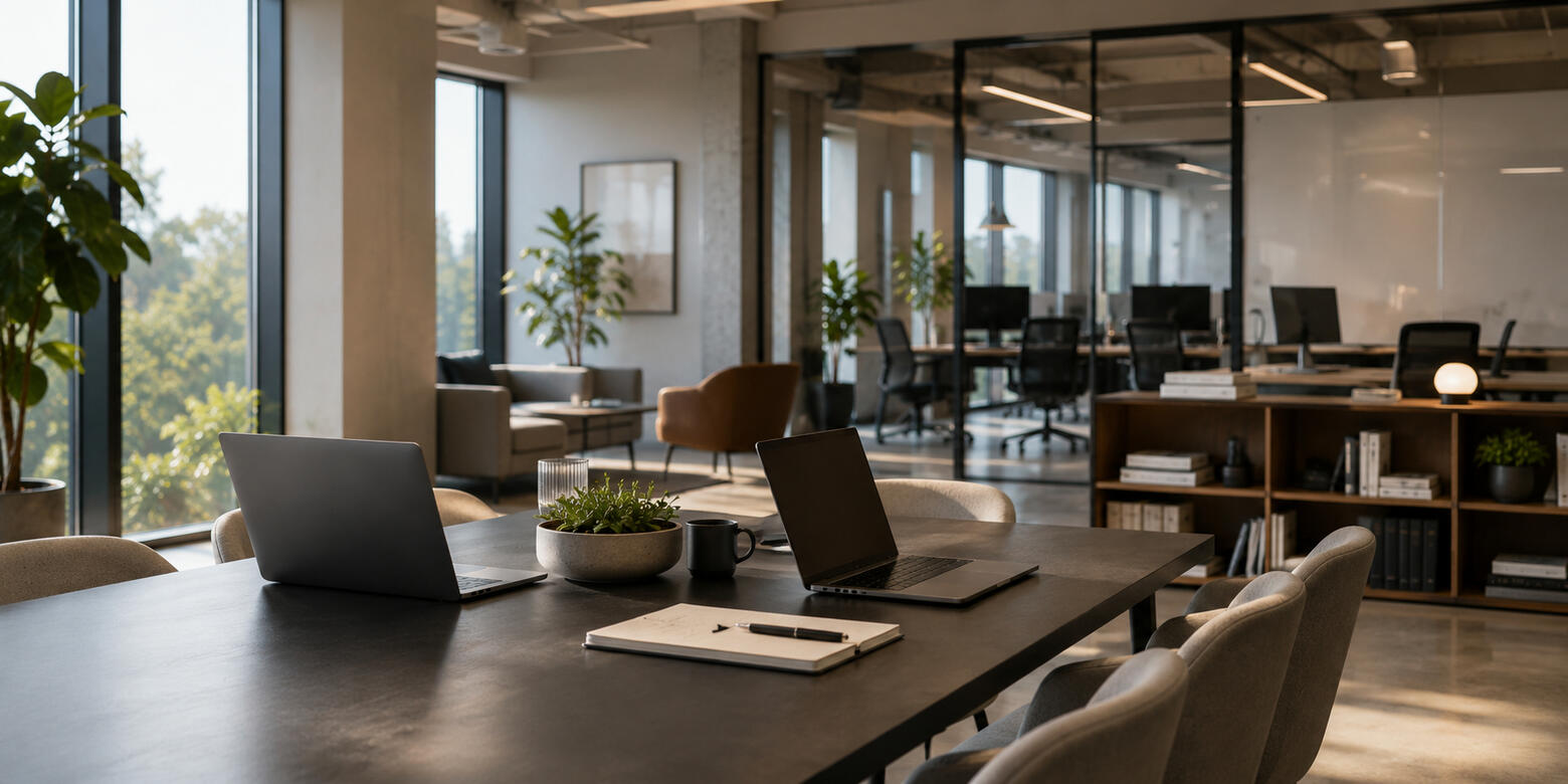 A clean, focused environment for building technology products. Modern San Francisco startup workspace with laptops, glass offices, and natural light