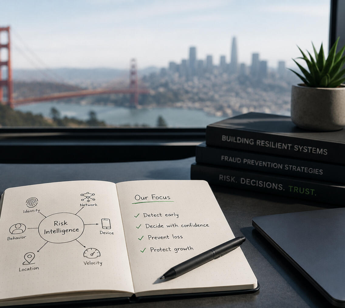 Focused on fraud prevention, risk intelligence, ecommerce risk, and AI-driven decisioning. Risk intelligence strategy notebook with fraud prevention signals and San Francisco tech workspace